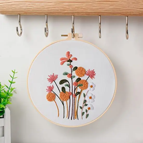 4 Sets Embroidery Kit Starter with Pattern and Instructions, DIY Beginner Starter Cross Stitch Kit Include 1 Embroidery Hoop, Needlework for Adults (Flower-Happy time) {6}