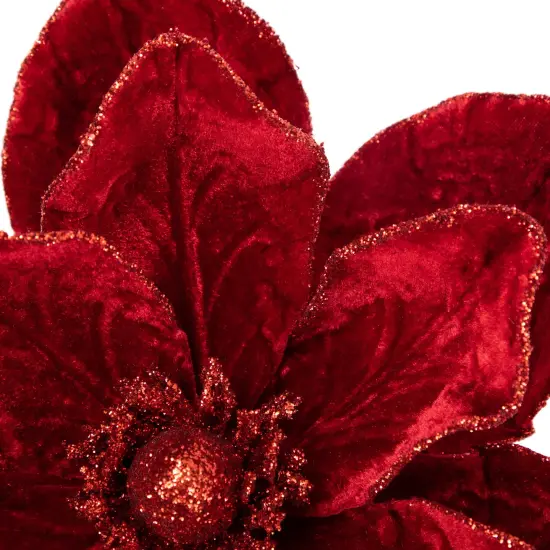 Northlight 24" Red Velvet Glittered Magnolia Christmas Stem Spray {5}