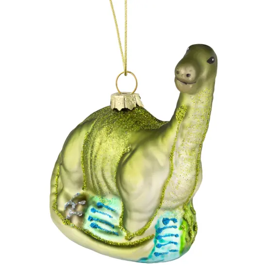 Northlight 4" Glittered Brontosaurus Dinosaur Glass Christmas Ornament Green {1}