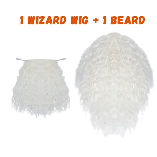 White Wig and Beard – Long White Dress Up Costume Accessories Curly Hair Wig for Kids and Adults {3}