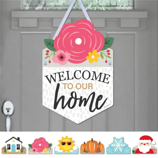 Big Dot of Happiness Holiday Welcome to Our Home - Hanging Seasonal Sign - Interchangeable Door Decor {1}