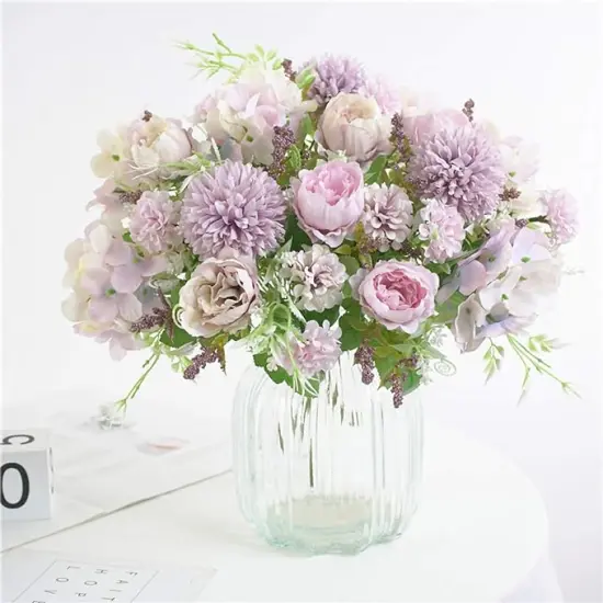 Artificial Flower Bunches, Fake Peony Silk Hydrangea Bouquet, Table Wedding Decor, Faux Flower Arrangements, Purple {1}