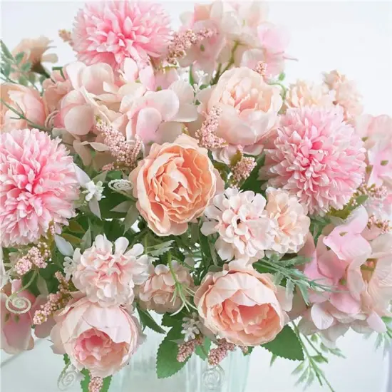 Artificial Flower Bunches, Fake Peony Silk Hydrangea Bouquet, Table Wedding Decor, Faux Flower Arrangements, Blush Pink {6}