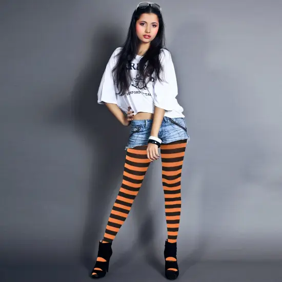 Black and Orange Tights - Striped Nylon Stretch Pantyhose Stocking Accessories for Every Day Attire and Costumes for Teens and Children {6}