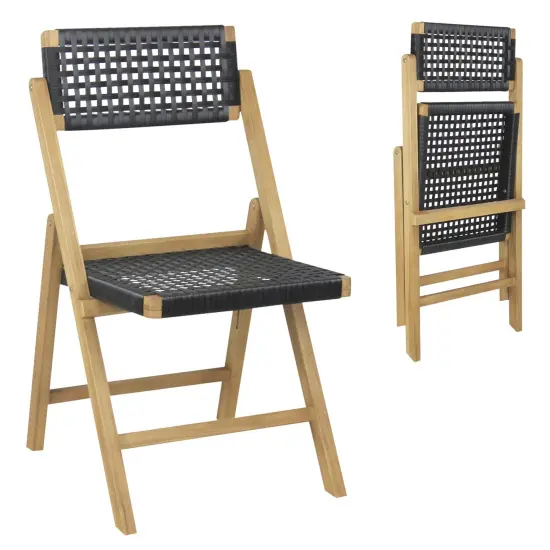 Costway 2/4 Piece Patio Folding Chairs with Woven Rope Seat & High Back Indonesia Teak Wood for Porch Natural&Black {7}
