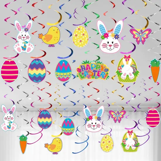 Easter Hanging Swirl Ceiling Decorations Easter Egg Bunny Hanging Swirl Foil Decorations for Home Office School Easter Party Ornaments Favors Supplies 30CT {1}