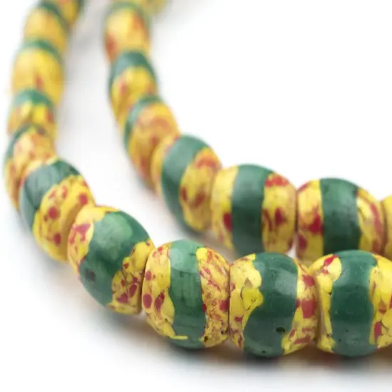 The Bead Chest Old Antique Venetian Yellow Oval Striped Trade Beads Green Stripe 9mm Ghana African Multicolor Glass Large Hole 32 Inch Strand {1}