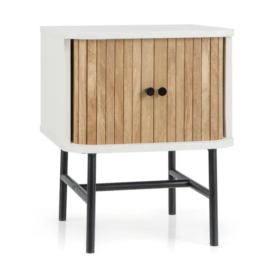 Costway Sliding Door Nightstand Mid-century Modern Storage End Table with Cabinet Black/Distressed White {1}