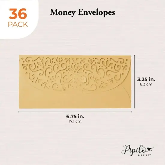 Gold Money Envelopes for Cash Gifts, Laser Cut Holders, 6.8x3.3 In, 36 Pack {3}