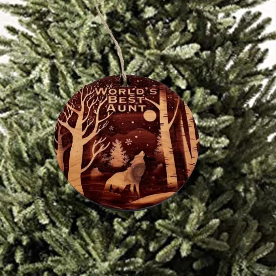 Winter Wolf Worlds Best Aunt - cedar ornament {3}
