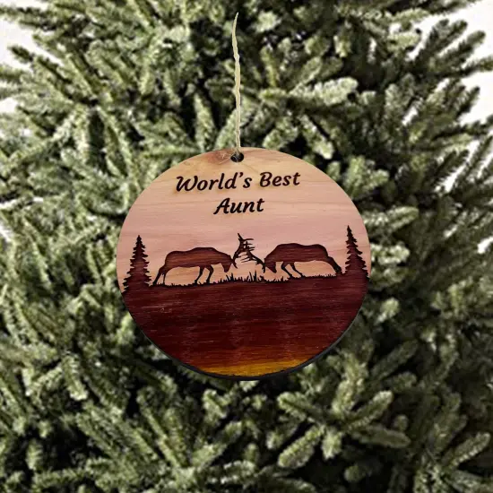 Worlds Best Aunt Elk Battle - Cedar Ornament {2}