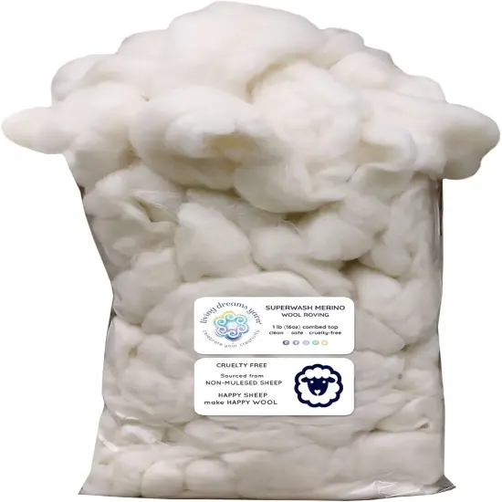 SUPERWASH MERINO Wool Roving. Ethically & Responsibly Sourced Combed Top Fiber for Spinning, Filling and Stuffing - 1 LB Bag, Natural White {1}