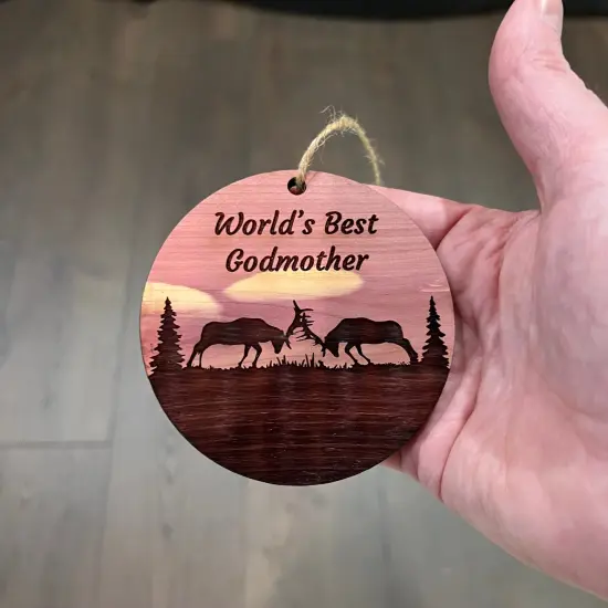 Worlds Best Godmother Elk Battle - Cedar Ornament {4}