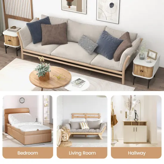 Costway Sliding Door Nightstand Mid-century Modern Storage End Table with Cabinet Black/Distressed White {6}