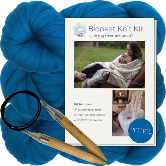 DIY Merino Wool Blanket Knitting Kit: Soft and Thick #7 Weight Jumbo Yarn, Knitting Needles and Pattern. Soft, Cozy, Great for Gifts Petrol {1}
