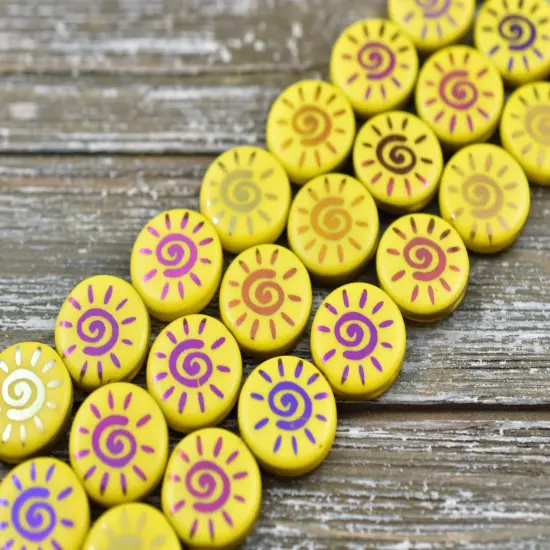 *8* 14mm Opaque Yellow Sliperit Laser Etched Sun Design Coin Beads {3}