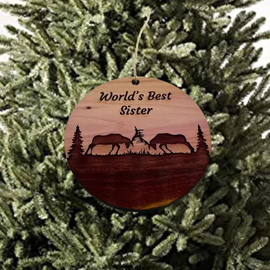 Worlds Best Sister Elk Battle - Cedar Ornament {1}