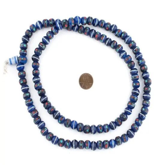 The Bead Chest Cobalt Blue InlaidBone Mala Beads 10mm Nepal Round Large Hole 34 Inch Strand {2}