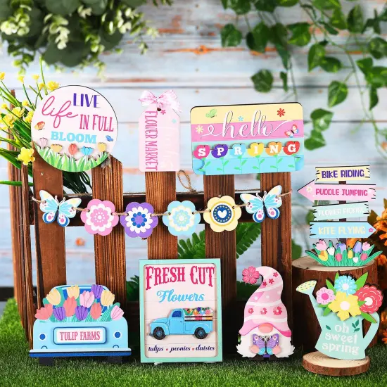 14 PCS Hello Spring Tiered Tray Easter Decorations Fresh Flower Market Wooden Sign Farmhouse Rustic Wood Mini Tiered Tray for Spring Home Decor {3}