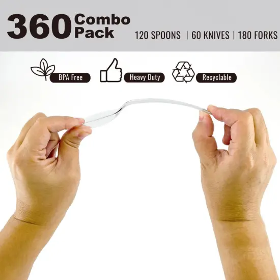 Clear Disposable Cutlery set - 360 Pieces: 180 Forks, 120 Spoons, 60 Knives {3}
