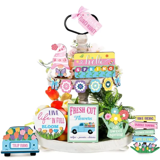 14 PCS Hello Spring Tiered Tray Easter Decorations Fresh Flower Market Wooden Sign Farmhouse Rustic Wood Mini Tiered Tray for Spring Home Decor {2}