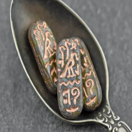 *6* 25x10mm Copper Washed Gaspeite Green Picasso Egyptian Cartouche Oval Beads {3}