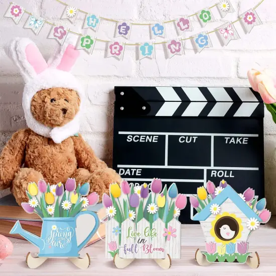 Hello Spring Tiered Tray Decor Tulips Table Wooden Sign Decorations Flower Market Tabletop Rustic Farmhouse Decor for Spring Holiday Party Home Kitchen (Tulip Style) {3}