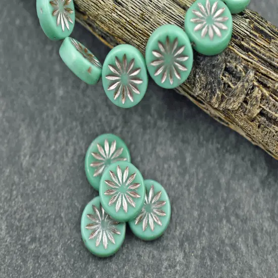 *15* 12mm Platinum Washed Opaque Turquoise Aster Flower Coin Beads {1}