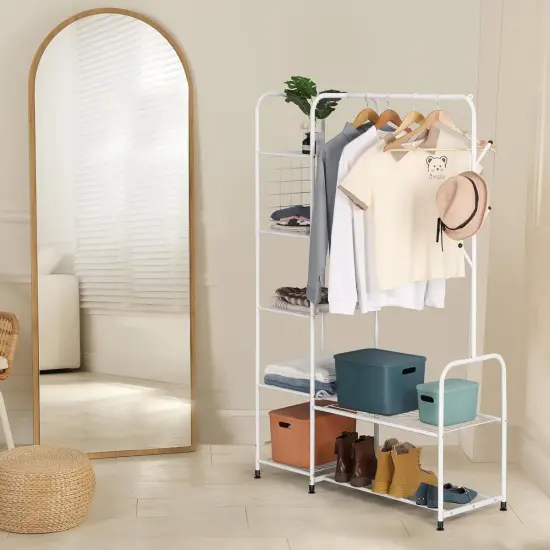 Coat Rack Freestanding Clothing Rack with Shelves Garment Racks for Hanging Clothes with Shoe Rack White {4}