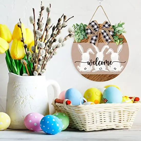 Whaline Easter Wooden Hanging Sign Bunny Rabbit Welcome Sign Door Decoration with Bow Rustic Easter Wood Wreath Sign for Easter Spring Holiday Home Coffee Shop Bakery Farmhouse Window {3}