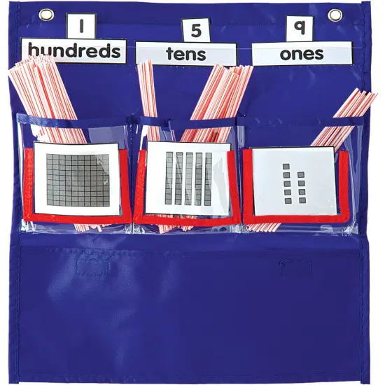 Carson Dellosa 12.75" x 15.25" Blue Deluxe Math Pocket Chart, Counting Caddy With Number, Base Ten, and Blank Cards, Straw Place Value Manipulatives, Homeschool and Classroom Organization {1}