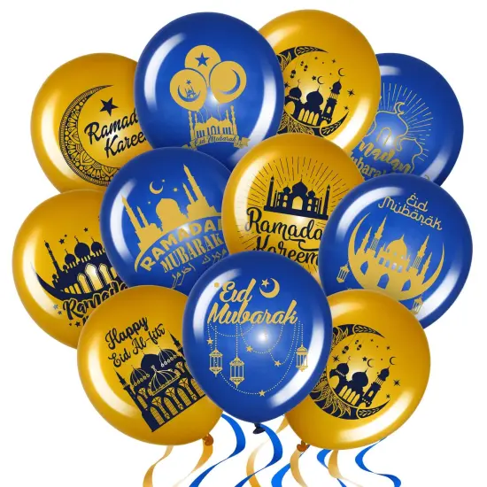 40 PCS Ramadan Mubarak Balloons Eid Mubarak Party Decoration Happy Eid al-Fitr Theme Latex Balloons Set for Home Event Indoor Outdoor Ramadan Kareem Decor Supplies, 12 Inches (Blue and Gold) {2}