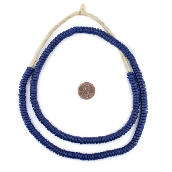 The Bead Chest Dark Blue Sandcast Disk Beads - Full Strand of 7mm African Rondelle Donut Glass Beads from Ghana {2}