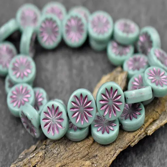 *15* 12mm Pink Washed Opaque Turquoise Aster Flower Coin Beads {2}