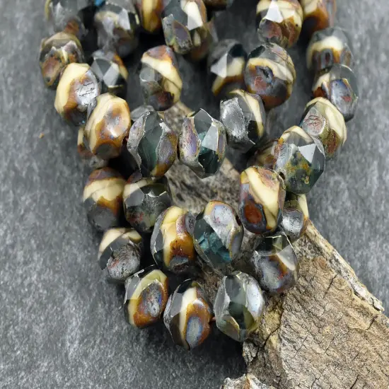 *15* 9mm Blended Aqua Ivory Picasso Central Cut Round Beads {1}