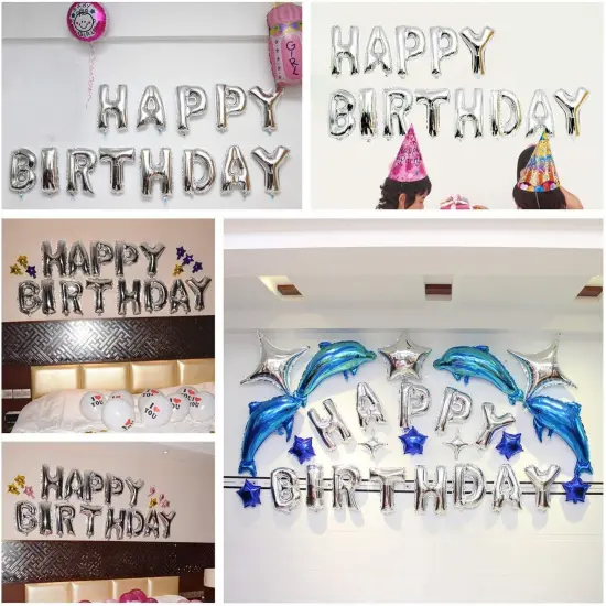 Colorful Celebrations: 16-Inch Mylar Foil Happy Birthday Balloons Banner - Eco-Friendly Decor for All Ages! Silver {2}