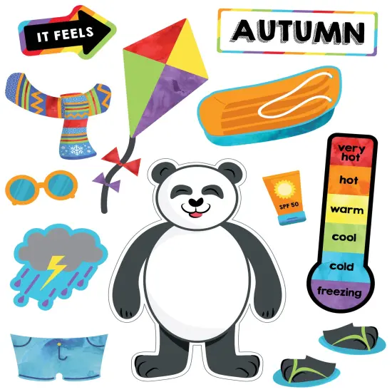 Carson Dellosa 56 pc Bundle of Dress for the Weather Bulletin Board Decorations, Panda Bear With Seasonal Accents and Clothes, Days of the Week Chart, Circle Time Learning Center and Classroom Decor {1}
