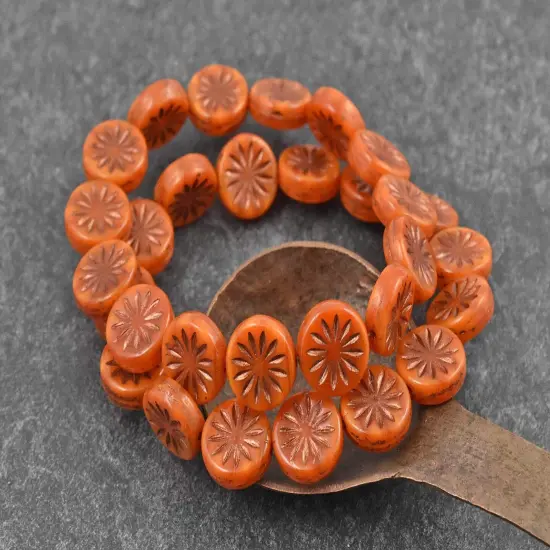 *15* 12mm Copper Washed Orange Opaline Aster Flower Coin Beads {5}