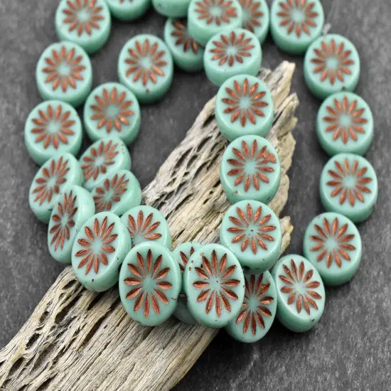 *15* 12mm Copper Washed Opaque Turquoise Aster Flower Coin Beads {3}