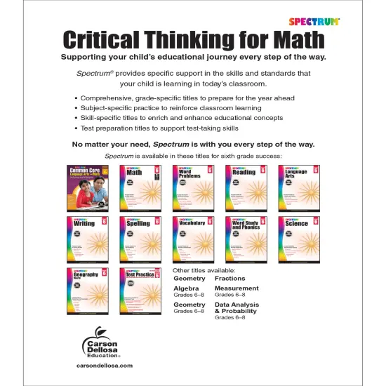 Spectrum Grade 6 Critical Thinking for Math Workbook, Multiplication and Division With Fractions and Decimals, Ratio, Mathematics Equations, and More, Classroom or Homeschool Curriculum {2}