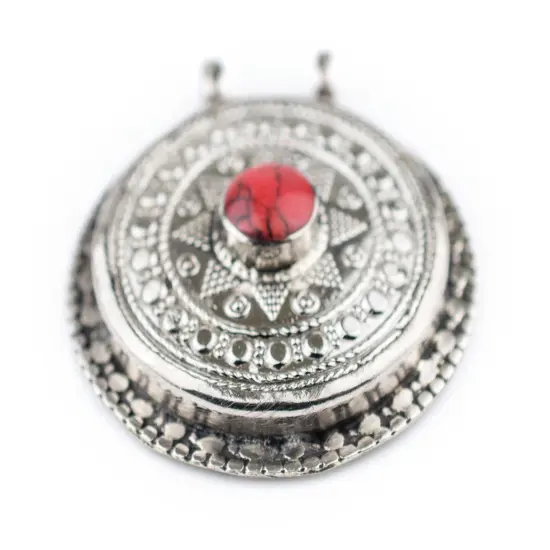 The Bead Chest Coral-Inlaid Afghan Tribal Pendant (42x46mm) {5}