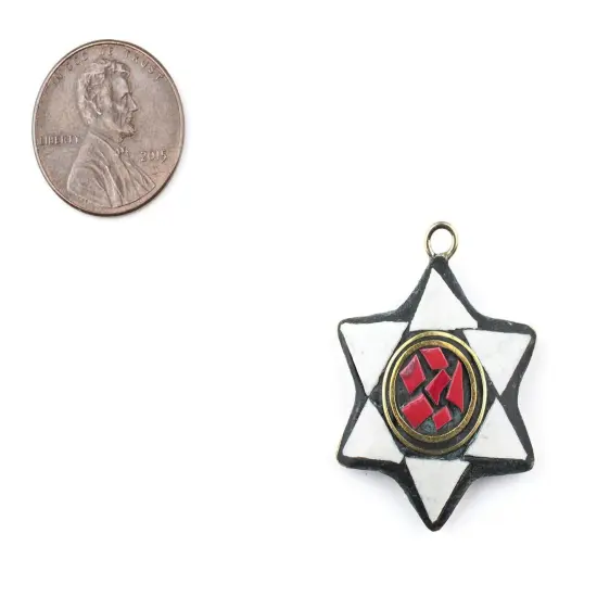The Bead Chest Nepali Star of David Pendant: Authentic Ethnic Judaica Brass Charm Inlaid with Stone for DIY Necklace and Jewelry (White & Red) {2}