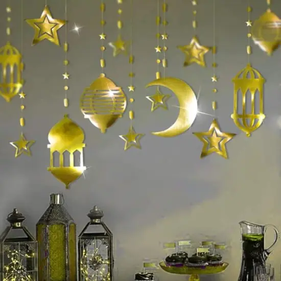 16 Pieces Islamic Gold Star Crescent Moon Lantern Ramadan Garland EID Decoration Home Happy Ramadan Mubarak Party Decor Hanging Streamer Wedding Backdrop Banner Aladdin Birthday Party Supplies {5}