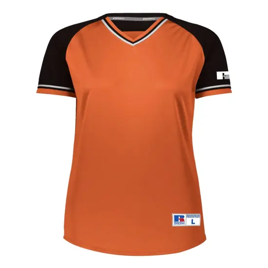 Russell Athletic&reg; - Women's Classic V-Neck Jersey - R01X3X | 100% polyester double knit with color secure | Dri-Power moisture-management properties | Unleash Your Style with Our Trendy Sports Uniform Burnt orange/ black {1}