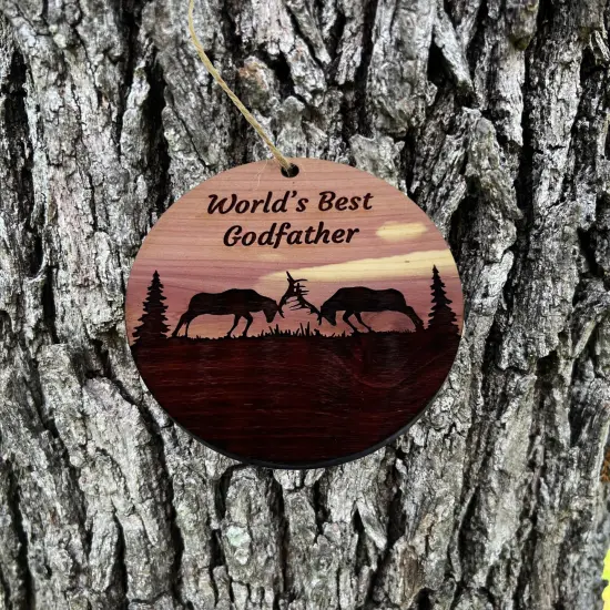 Worlds Best Godfather Elk Battle - Cedar Ornament {1}