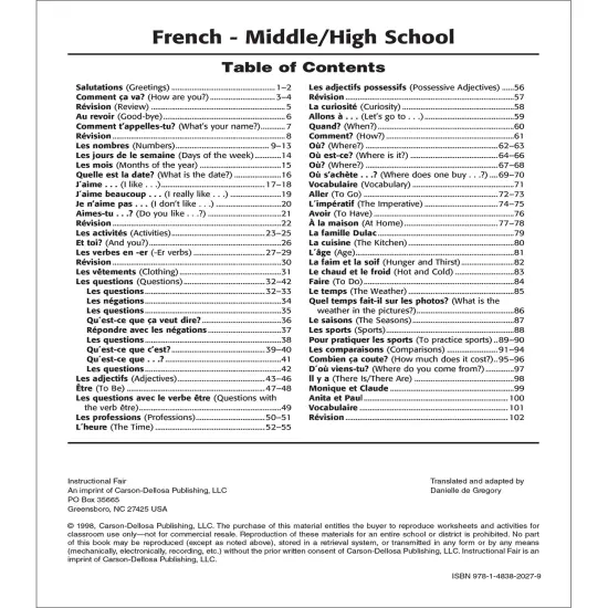 Carson Dellosa The 100 Series French Workbook, Parts of Speech, Vocabulary, Common Phrases, Sentence Building Skills, and More, Middle and High School Classroom or Homeschool Curriculum {3}