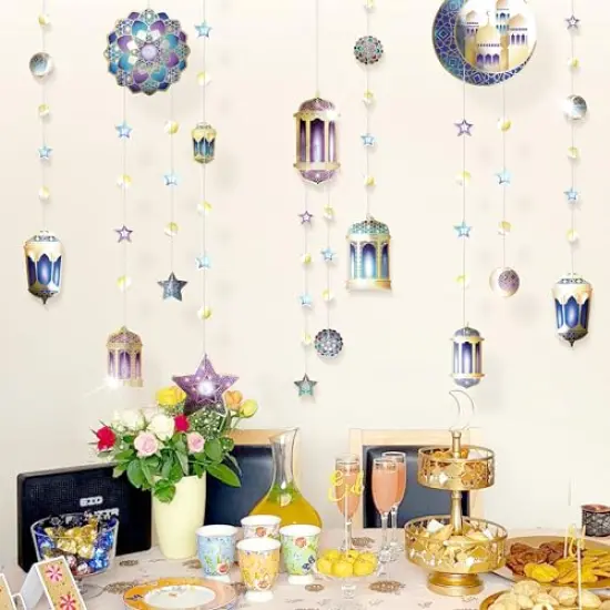 Purple Blue Gold Ramadan Mubarak Garland Kit Lantern Crescent Moon Star EID Party Decoration Hanging EID Banner Streamer Decorations Islamic Birthday Bday Wedding Party Supplies {4}