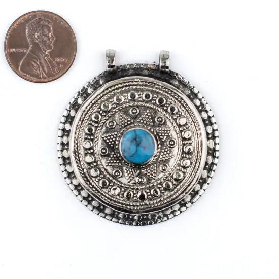The Bead Chest Turquoise-Inlaid Afghan Tribal Pendant (42x46mm) {2}