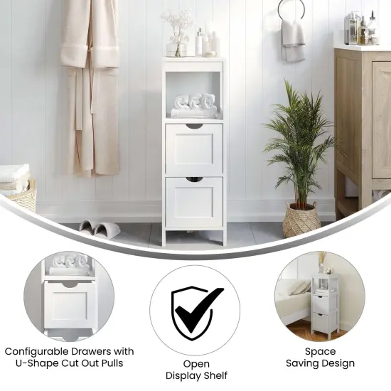 Merrick Lane Delilah 2 Drawer Bathroom Storage Cabinet Organizer with Open Display Shelf White {2}