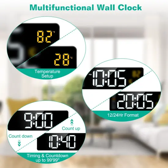 LED Digital Wall Clock with Remote Control - 15.7", 10-Level Brightness, 3 Alarm Settings, 12/24-Hour Format, Countdown Timer, Calendar Display {4}